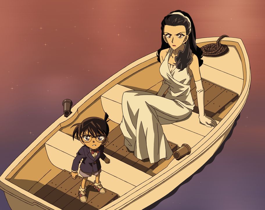 Nach der Generalprobe werden Conan (l.) und Reiko Akiba (r.) niedergeschlagen und finden sich in einem Boot wieder, das auf einem Fluss treibt. Doch... - Bildquelle: 2008 GOSHO AOYAMA/DETECTIVE CONAN COMMITTEE All Rights Reserved.