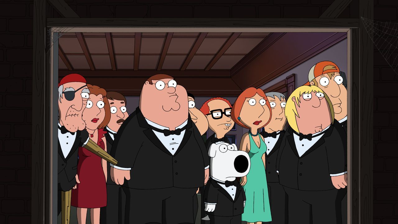 (v.l.n.r.) Seamus; Diane Simmons; Tom Tucker; Petter Griffin; Mort Goldman; Lois Griffin; Mayor Adam West; Chris Griffin; Carl - Bildquelle: © 2010 Fox and its related entities. All rights reserved.