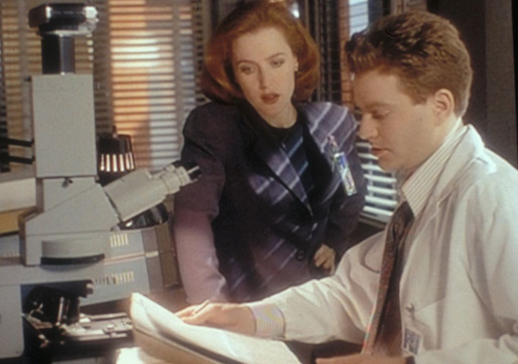 Der FBI-Wissenschaftler Pendrell (Brendan Beiser, r.) erklärt Scully (Gillian Anderson, l.), dass der Mann, der auf Skinner geschossen hat, auch ihr... - Bildquelle: TM +   2000 Twentieth Century Fox Film Corporation. All Rights Reserved.