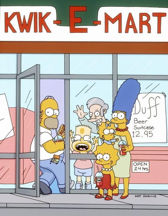 (12. Staffel) -  (v.l.n.r.) Homer, Bart, Lisa, Maggie und Marge Simpson sind die beliebtesten Kunden vom Kwik-E-Mart-Besitzer Apu (hinten). - Bildquelle: © und TM Twentieth Century Fox Film Corporation - Alle Rechte vorbehalten