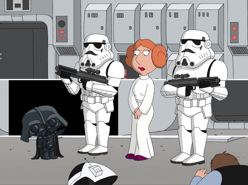 Lois als sexy Prinzessin Leia (2.v.r.) trifft auf Baby Stewie, der als Darth Vader (l.) genau weiß, was geschehen wird ... - Bildquelle: TM +   Twentieth Century Fox Film Corporation. All Rights Reserved.