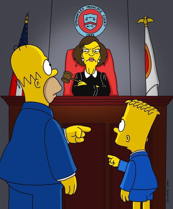 Richterin Harm (M.) sieht in diesem Vorfall eine grobe Vernachlässigung der elterlichen Aufsichtspflicht und verurteilt Homer (l.) dazu, mit einem S... - Bildquelle: © und TM Twenthieth Century Fox Film Corporation - Alle Rechte vorbehalten