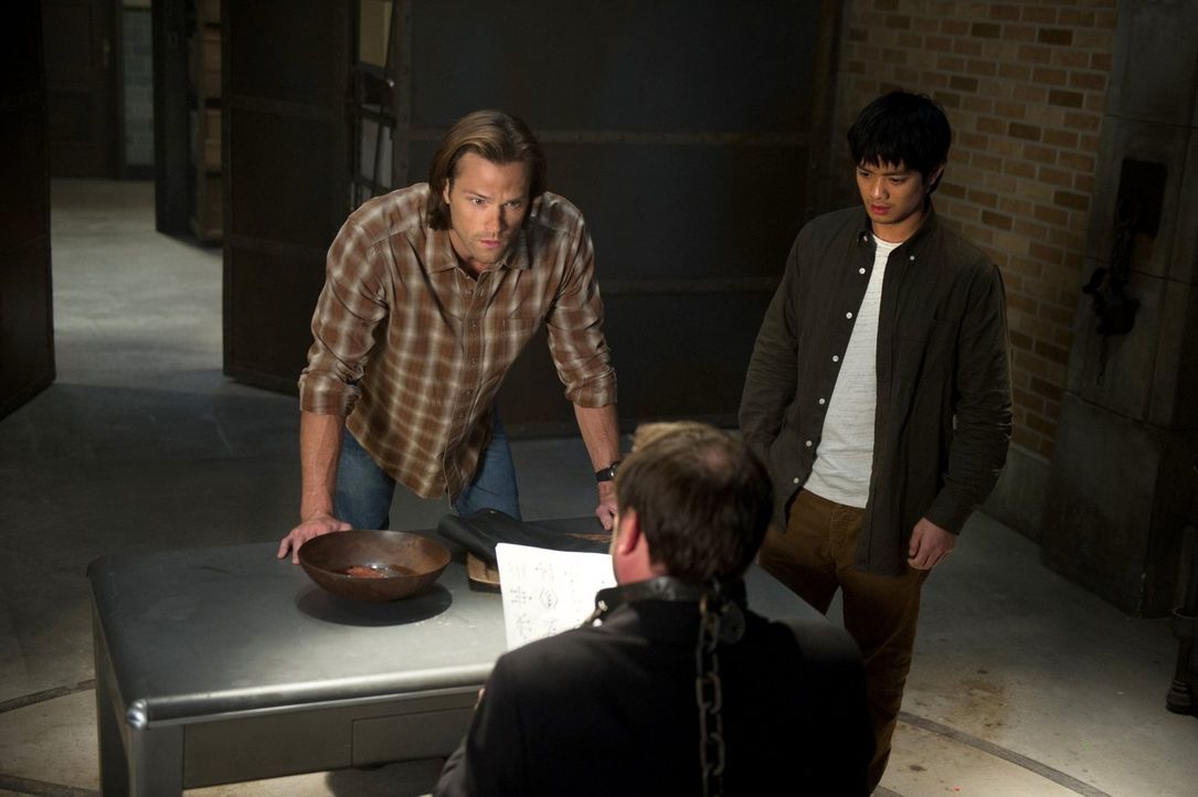 Sam (Jared Padalecki, l.) und Kevin (Osric Chau, r.) sind bei der Entzifferung der Tafel auf Crowleys (Mark Sheppard, M.) Hilfe angewiesen, doch die... - Bildquelle: 2013 Warner Brothers