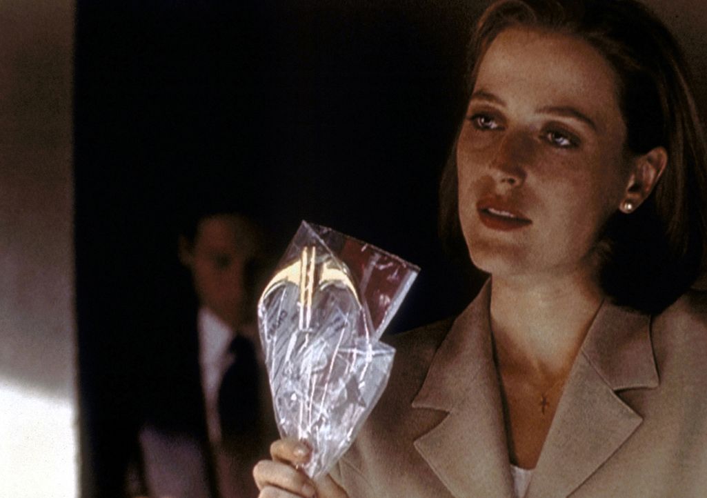 Scully (Gillian Anderson) konfrontiert den mutmaßlichen Entführer mit einem Werkzeug, das jemand als Mordinstrument benutzt hat. - Bildquelle: TM +   2000 Twentieth Century Fox Film Corporation. All Rights Reserved.