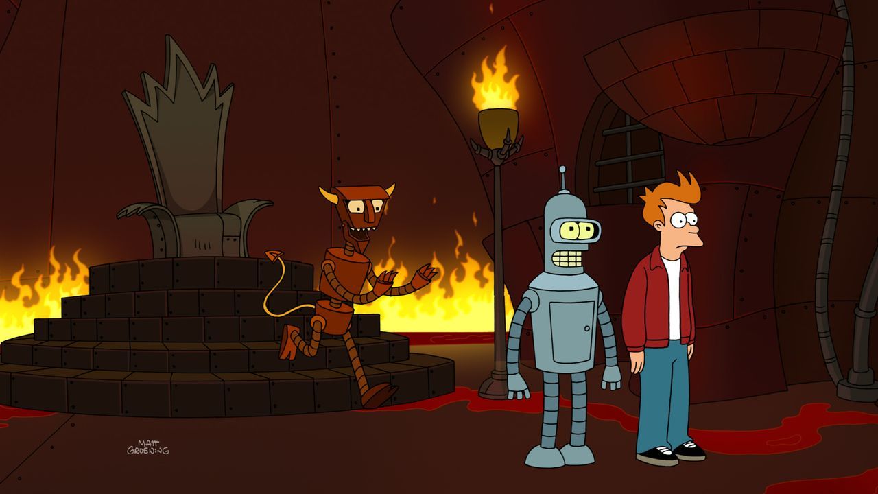 Seit Calculons tragischem Tod vor über einem Jahr sind Bender (M.) und Fry (r.) verzweifelt, denn ihre  Lieblingsserie "Alle meine Schaltkreise", in... - Bildquelle: Twentieth Century Fox Film Corporation. All rights reserved.