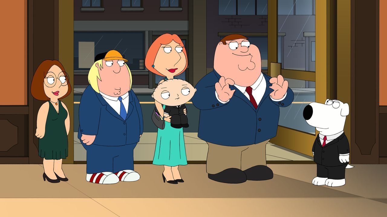 Sind stolz auf Brian (r.), der zum gefeierten Star in seinem Heimatstädtchen wird: Megan (l.), Chris (2.v.l.), Lois (M. oben), Stewie (M. unten) und... - Bildquelle: 2013 Twentieth Century Fox Film Corporation. All rights reserved.