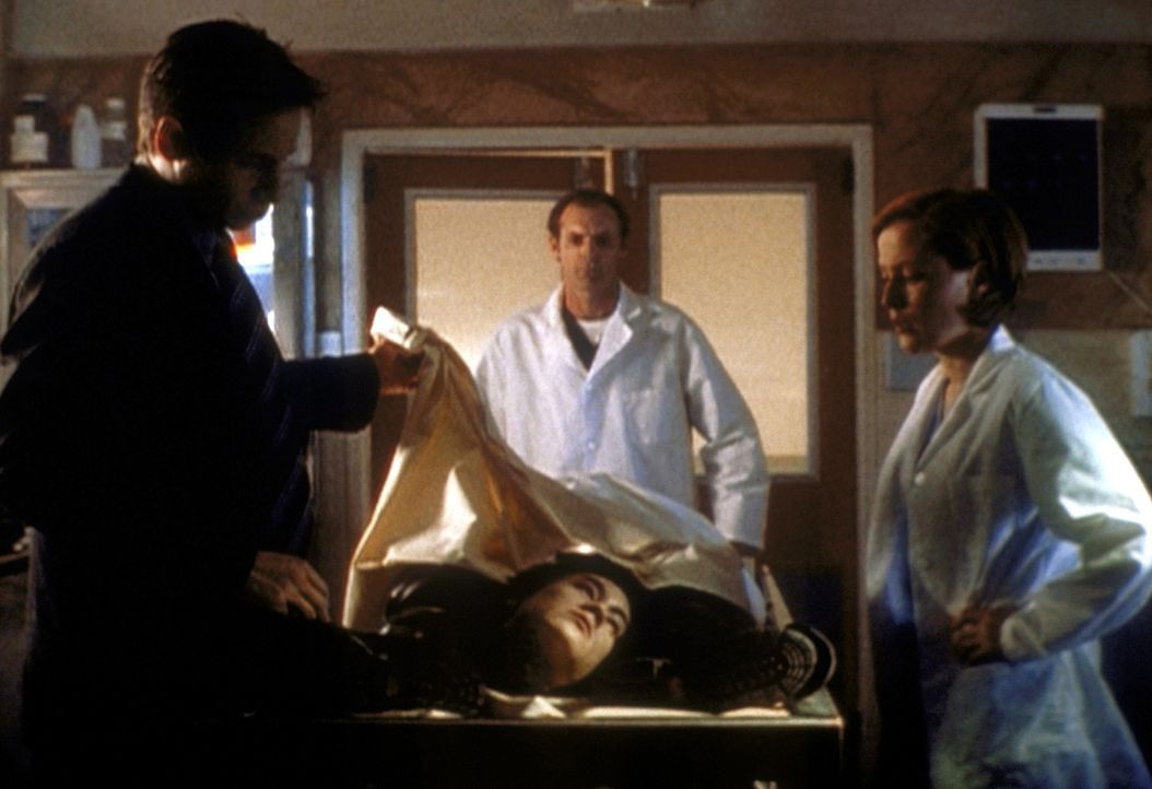 Mulder (David Duchovny, l.) und Scully (Gillian Anderson, r.) sehen sich den toten Darryl Musashi (Christopher Ng, liegend) an. - Bildquelle: TM +   2000 Twentieth Century Fox Film Corporation. All Rights Reserved.