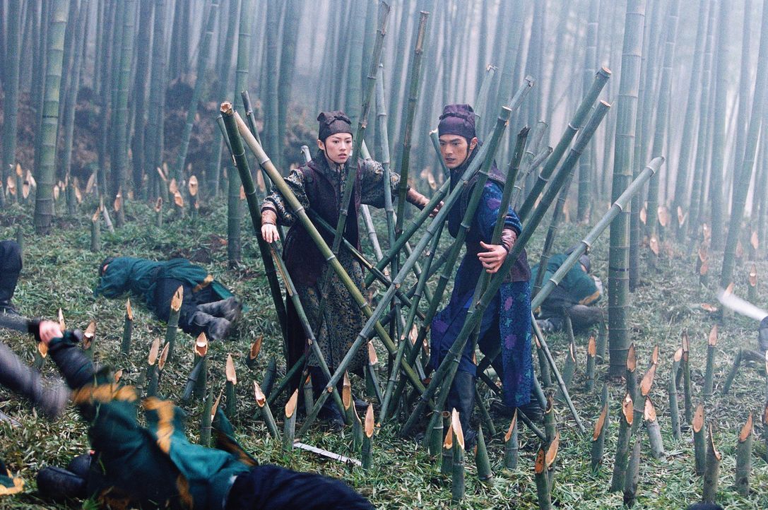 Bewegungsunfähig erwarten Mei (Zhang Ziyi, l.) und Jin (Takeshi Kaneshiro, r.) den sicheren Tod, als plötzlich Hunderte von Dolchen durch die Luft... - Bildquelle: Constantin Film