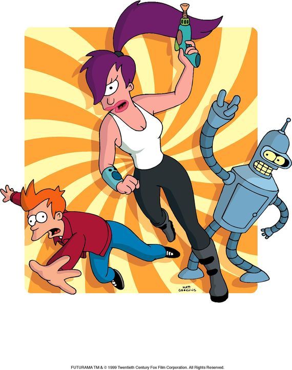 (5. Staffel) - Mit seinen neuen Freunden Leela (M.) und Roboter Bender (r.) erkundet Fry (l.) den Weltraum. - Bildquelle: und TM Twenthieth Century Fox Film Corporation - Alle Rechte vorbehalten