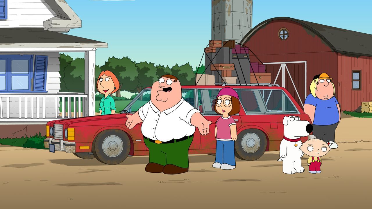 Weil die Verbrechensquote in Quahog steigt, flüchten Chris (r.), Lois (l.), Megan (3.v.l.), Peter (2.v.l.), Stewie (2.v.r.) und Brian (3.v.r.) aufs... - Bildquelle: 2013 Twentieth Century Fox Film Corporation. All rights reserved.