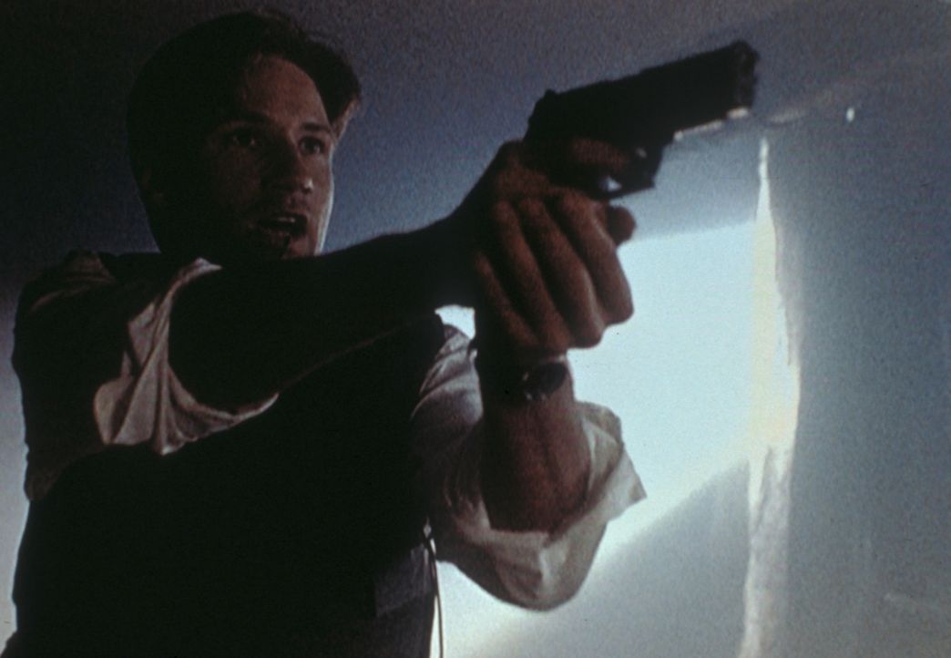 Mulder (David Duchovny) versucht, die Männer der Peacock-Familie mit seiner Waffe in Schach zu halten. - Bildquelle: TM +   2000 Twentieth Century Fox Film Corporation. All Rights Reserved.