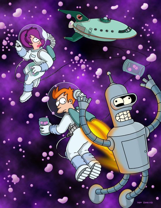 (3. Staffel) - Mit seinen neuen Freunden Leela (l.) und Roboter Bender (r.) erkundet Fry (M.) den Weltraum. - Bildquelle: und TM Twenthieth Century Fox Film Corporation - Alle Rechte vorbehalten