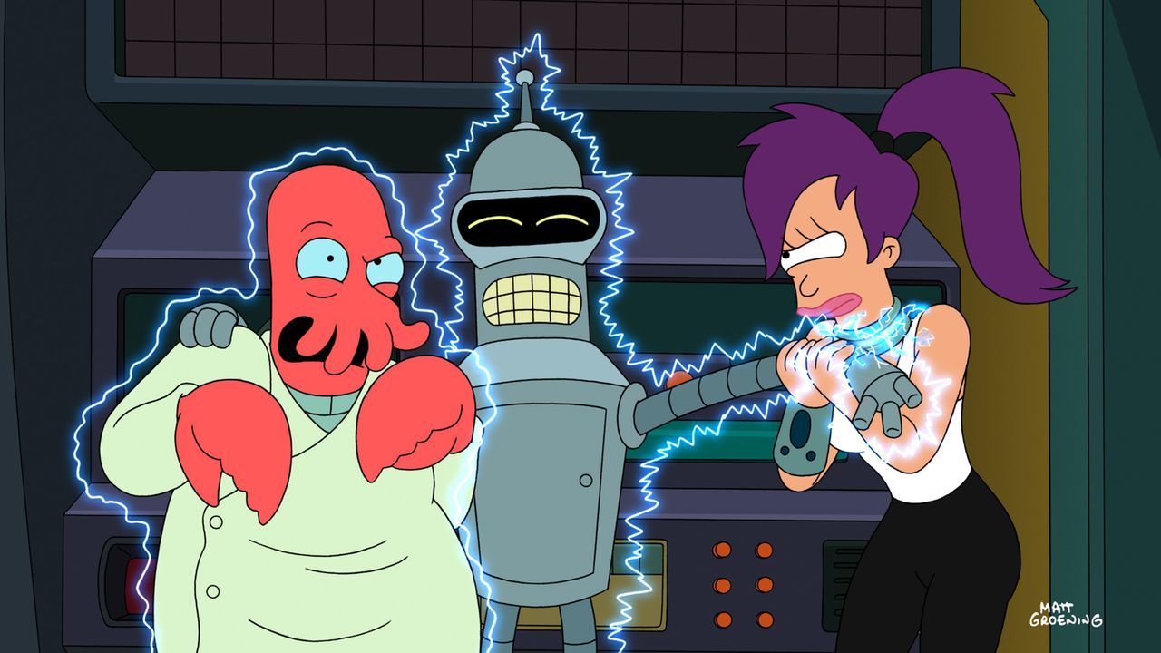 Mit der Hilfe von Bender (M.) und Zoidberg (l.) versucht Leela (r.) das Crash-Rennen gegen die Idioten zu gewinnen, die sie beleidigt haben ... - Bildquelle: 2008 Twentieth Century Fox Film Corporation. All rights reserved.