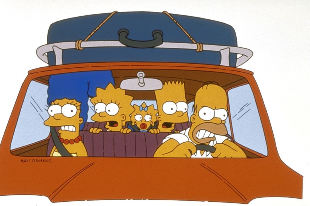 (9. Staffel) - Familie Simpson macht einen kleinen, aufregenden Ausflug mit dem Wagen: Homer (r.), Marge (l.), Maggie (M.), Bart (2.v.r.) und Lisa (... - Bildquelle: und TM Twentieth Century Fox Film Corporation - Alle Rechte vorbehalten
