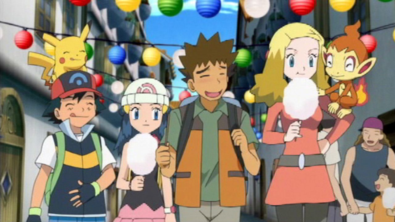 Noch genießen Ash (unten l.), Pikachu (oben l.), Lucia (2.v.l.), Rocko (M.), Alice (2.v.r.) und Panflam (r.) die schöne Stadt ... - Bildquelle: 2014 Pokémon.  1997-2014 Nintendo, Creatures, GAME FREAK, TV Tokyo, ShoPro, JR Kikaku. TM, ® Nintendo.