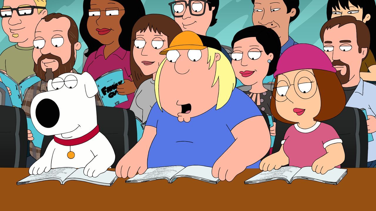 Wie jede Woche kommen die Darsteller Brian (l.), Chris (M.) und Meg (r.) von Family Guy zusammen, um die neue Folge Probe zu lesen. Funktionieren di... - Bildquelle: 2016-2017 Fox and its related entities. All rights reserved.
