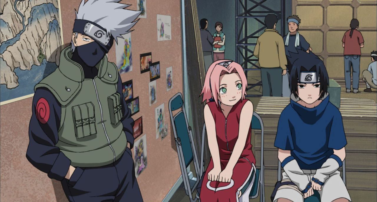 Das Trio (v.l.n.r.) Naruto, Sakura und Sasuke wird beauftragt, die berühmte Schauspielerin Yukie im Land des ewigen Schnees zu beschützen. Als tatsä... - Bildquelle: MASASHI KISHIMOTO  NMP 2004