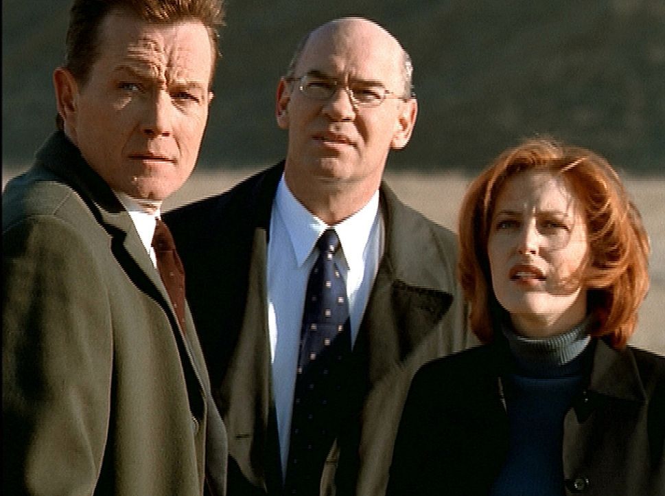 Scully (Gillian Anderson, r.), Doggett (Robert Patrick, l.) und Skinner (Mitch Pileggi, M.) sind in Montana einem Raumschiff auf der Spur, das halbt... - Bildquelle: TM +   2000 Twentieth Century Fox Film Corporation. All Rights Reserved.