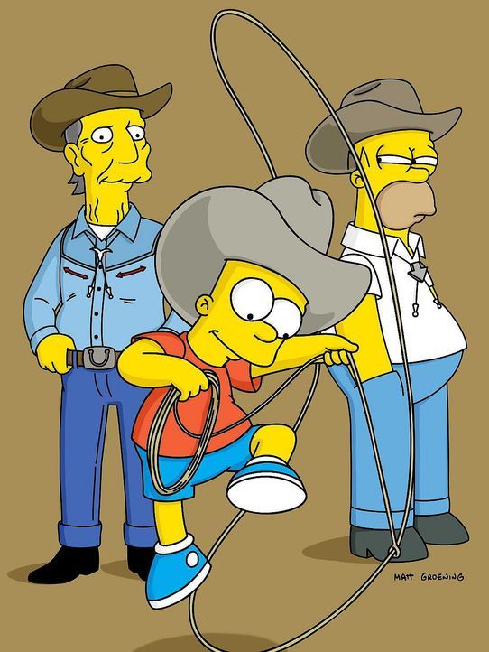 Bart (M.) freundet sich mit Buck McCoy (l.), einem ehemaligen Filmstar, an. Sehr zu Homers (r.) Missfallen wird der alte Cowboy Barts neues Idol. - Bildquelle: © TM Twenthieth Century Fox Film Corporation - Alle Rechte vorbehalten