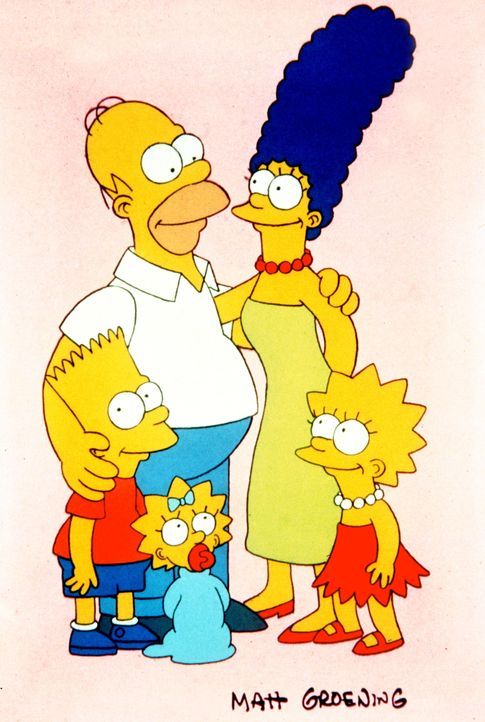 (1. Staffel) - Trotz mancher Auseinandersetzung halten die Simpsons immer fest zusammen: (v.l.n.r.) Bart, Homer, Maggie, Marge und Lisa. - Bildquelle: und TM Twentieth Century Fox Film Corporation - Alle Rechte vorbehalten