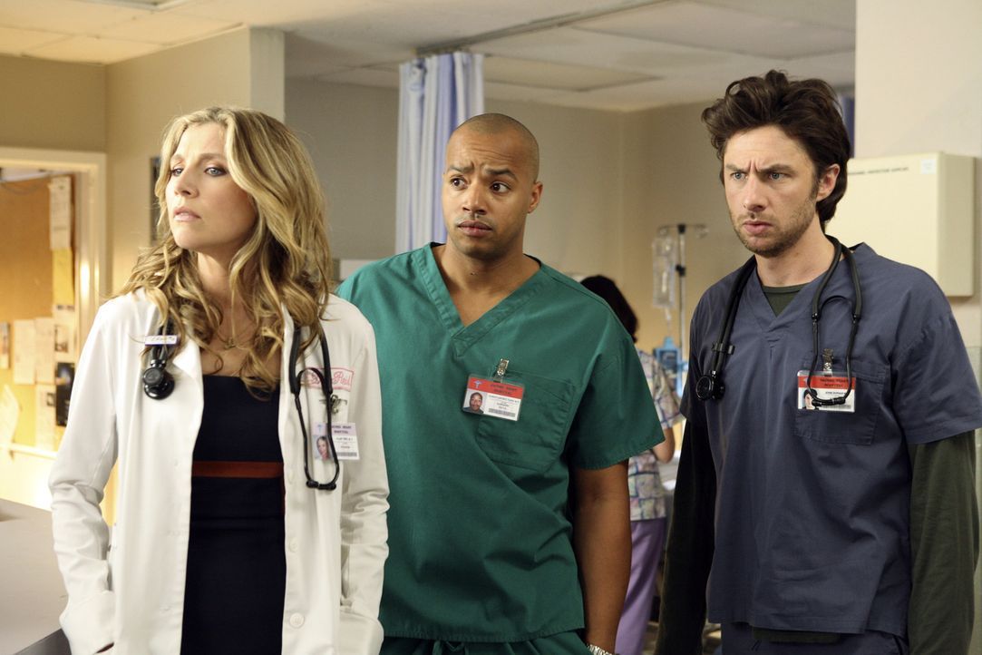 Ein neuer Arbeitstag mit spannenden Aufgaben wartet auf Turk (Donald Faison, M.), J.D. (Zach Braff, r.) und Elliot (Sarah Chalke, l.)  ... - Bildquelle: Touchstone Television