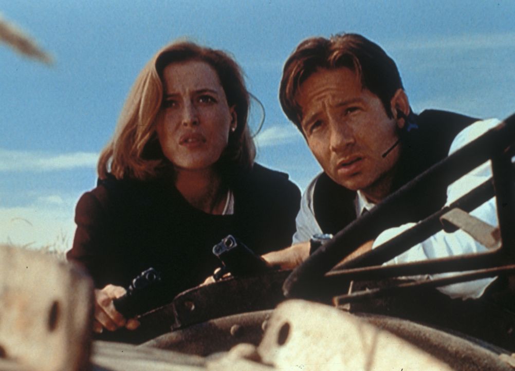 Scully (Gillian Anderson, l.) und Mulder (David Duchovny, r.) beobachten das Haus der Peacock Familie, die unter Verdacht steht, ein Baby gleich nac... - Bildquelle: TM +   2000 Twentieth Century Fox Film Corporation. All Rights Reserved.