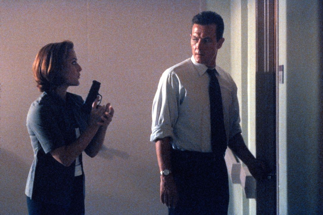 Scully (Gillian Anderson, l.) und Doggett (Robert Patrick, r.) ermitteln in einem mysteriösen Entführungsfall. - Bildquelle: TM +   2000 Twentieth Century Fox Film Corporation. All Rights Reserved.