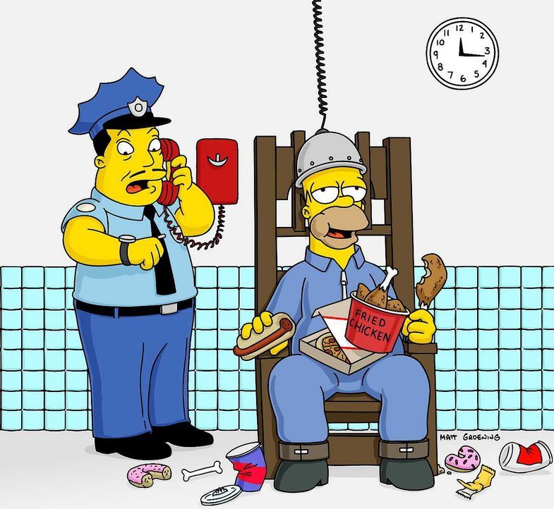 Um Marge zu retten, nimmt Homer (r.) den Mord an der alten Dame auf sich. Aber erst als er auf dem elektrischen Stuhl sitzt, stellt sich heraus, das... - Bildquelle: © und TM Twenthieth Century Fox Film Corporation - Alle Rechte vorbehalten