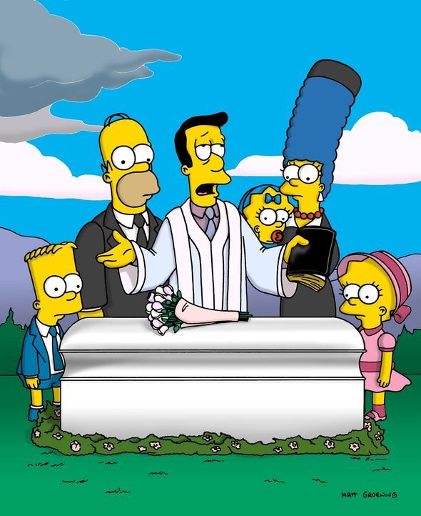 Reverend Lovejoy (M.) hält die Grabrede bei Maudes Beerdigung. Familie Simpson steht ihm bei. - Bildquelle: und TM Twenthieth Century Fox Film Corporation - Alle Rechte vorbehalten