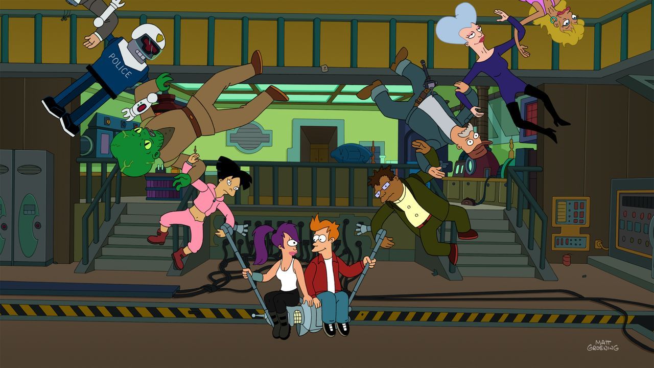 Fry (unten r.) löst mit dem neuen Gerät von Professor Farnsworth einen kompletten Zeitstillstand des ganzen Universums aus, der nur ihn und Leela (u... - Bildquelle: Twentieth Century Fox Film Corporation. All rights reserved.