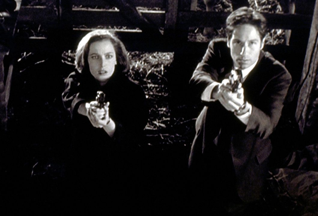 Mulder (David Duchovny, r.) und Scully (Gillian Anderson, l.) begegnen auf ihrer Suche nach einem angeblichen Monster dem bedauernswerten Opfer eine... - Bildquelle: TM +   2000 Twentieth Century Fox Film Corporation. All Rights Reserved.
