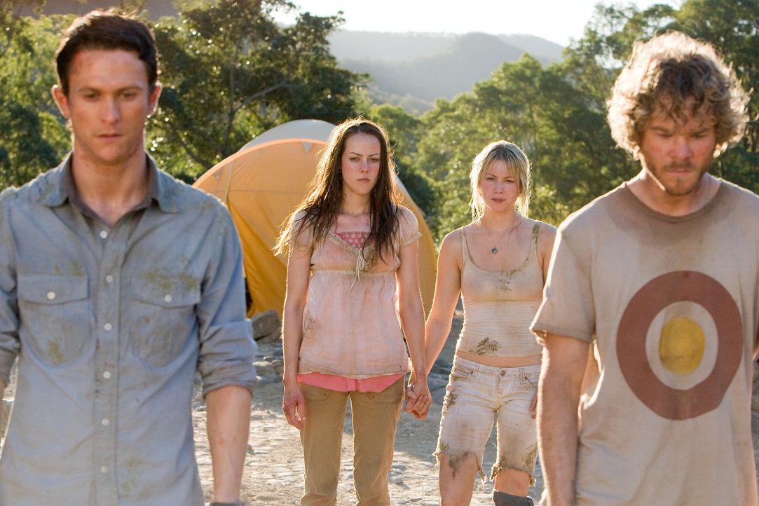 Die erste Begeisterung über den spontanen Urwaldtrip ist bei (v.l.n.r.) Jeff (Jonathan Tucker,), Amy (Jena Malone), Stacy (Laura Ramsey) und Eric (S... - Bildquelle: 2008 DreamWorks LLC. All Rights Reserved.l