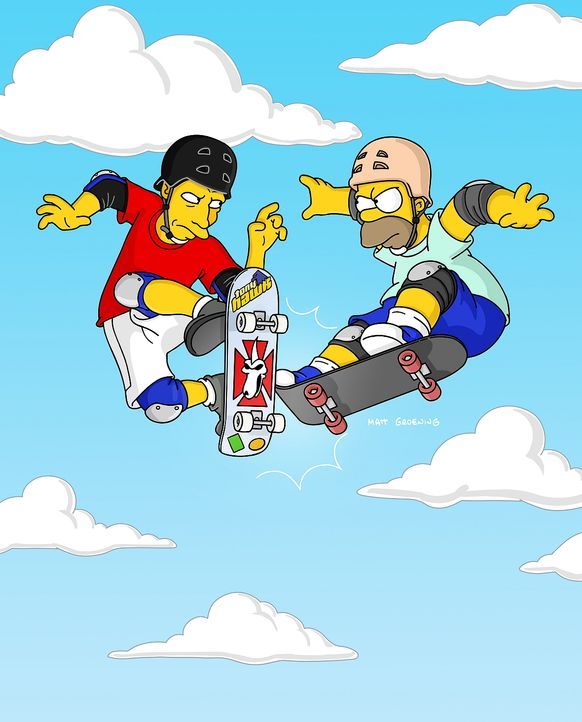 Um Bart nachhaltig zu beeindrucken, lässt sich Homer (r.) auf ein Skateboard-Rennen mit Tony Hawk (l.) ein ... - Bildquelle: © TWENTIETH CENTURY FOX FILM CORPORATION