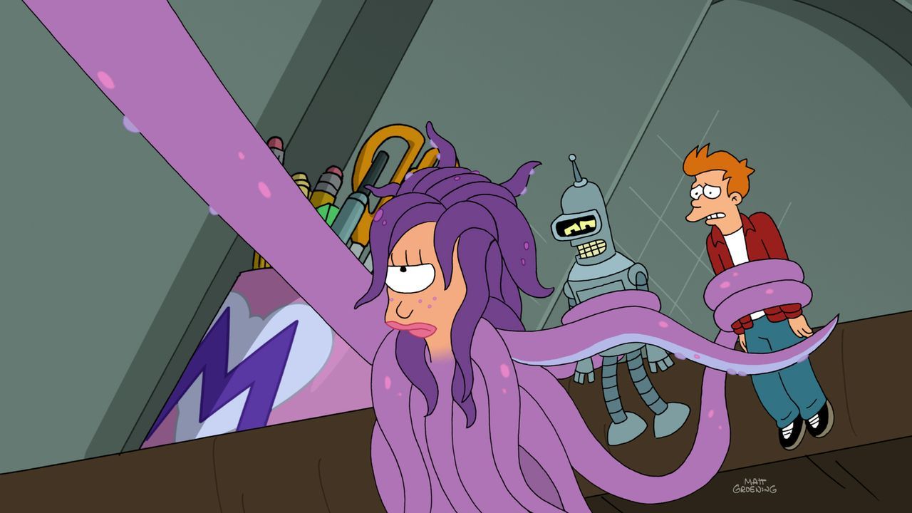 Leela (l.) wird Opfer einer furchtbaren genetischen Mutation: Sie "krakifizert" - ihr wachsen überall Saugnäpfe und Tentakeln. Fry (r.) und Bender (... - Bildquelle: Twentieth Century Fox Film Corporation. All rights reserved.
