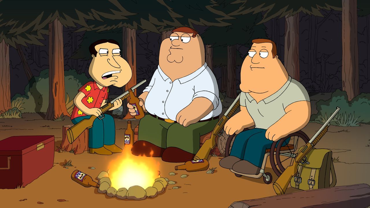 Eigentlich wollten Peter (M.), Joe (r.) und Quagmire (l.) zum Angeln gehen, aber es kommt alles anders ... - Bildquelle: 2011 Twentieth Century Fox Film Corporation. All rights reserved.