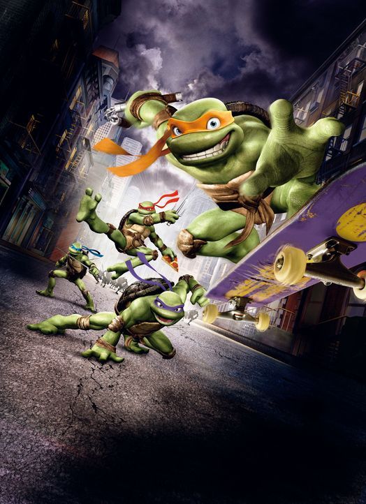 Vier ganz besondere Schildkröten leben in der New Yorker Kanalisation. Leonardo (h. l.), Donatello (3. v. l.), Raphael (2. v. l.) und Michelangelo (... - Bildquelle: TOBIS Filmkunst GmbH