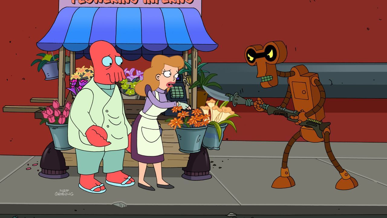 Als Zoidberg (l.) einen Verbrecher (r.) vertreibt, der die Blumenverkäuferin Marianne (M.) bedroht, verlieben sie sich ineinander. Doch haben sie ei... - Bildquelle: Twentieth Century Fox Film Corporation. All rights reserved.
