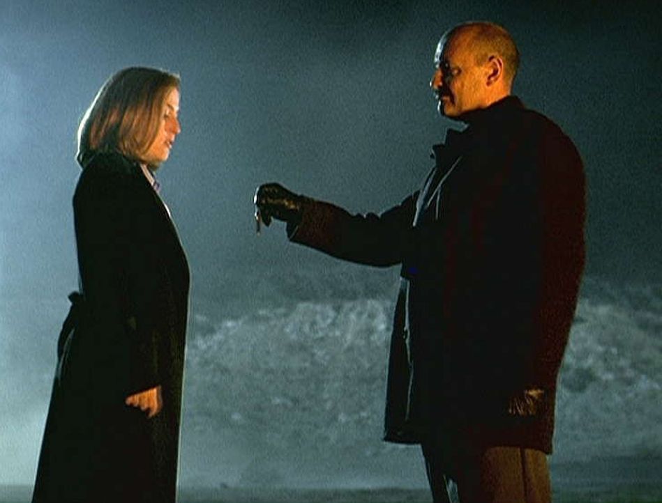 Scully (Gillian Anderson, l.) willigt in ein Treffen mit dem Schattenmann (Terrance Quinn, r.) ein. Bei diesem Treffen erfährt sie, dass der Schatte... - Bildquelle: TM +   Twentieth Century Fox Film Corporation. All Rights Reserved.