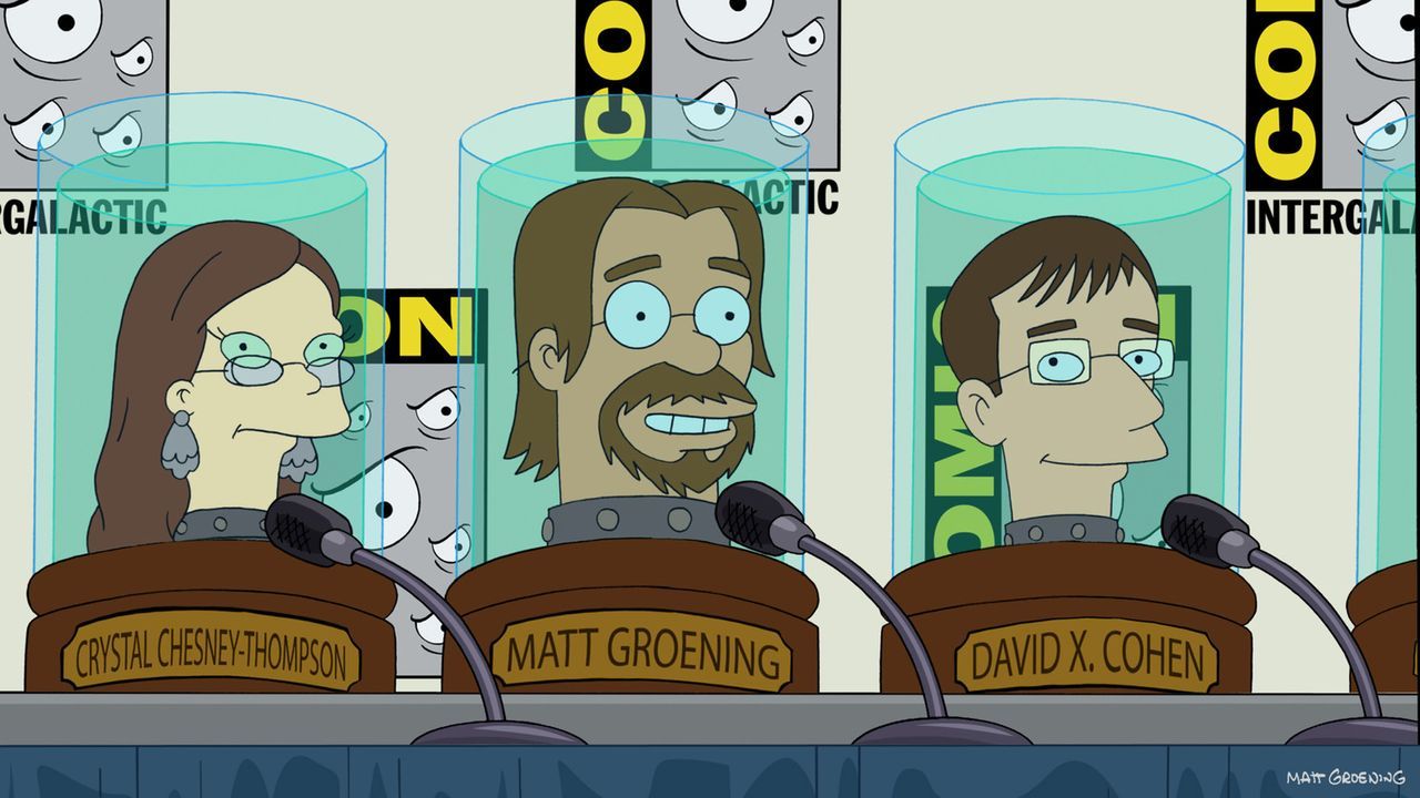 Welche Rolle spielen Crystal Chesney-Thompson (l.), Matt Groening (M.) und David X. Cohen (r.) bei der Rettung der Welt? - Bildquelle: 2003 Twentieth Century Fox Film Corporation. All rights reserved.