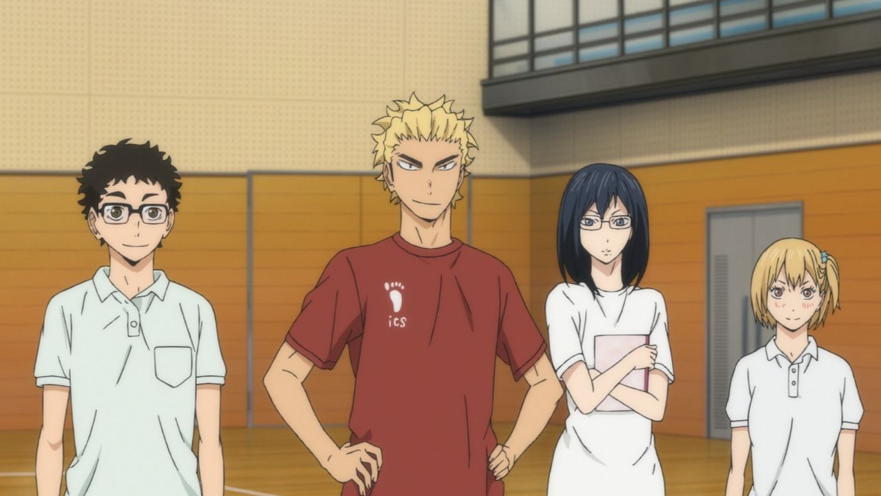 (v.l.n.r.) Ittetsu Takeda; Keishin Ukai; Kiyoko Shimizu; Hitoka Yachi - Bildquelle: H. Furudate / Shueisha, "HAIKYU!! 2nd Season? Project, MBS  All Rights Reserved.