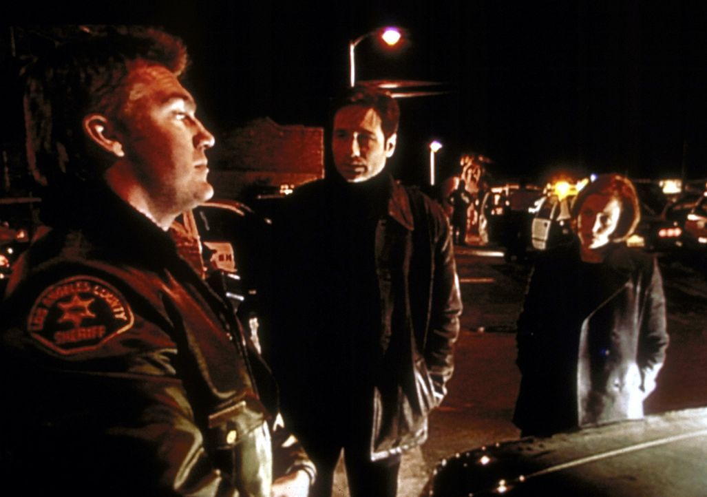 Mulder (David Duchovny, M.) und Scully (Gillian Anderson, r.) bezweifeln, dass Deputy Wetzel (Judson Mills, l.) von einer Gang überfallen worden ist. - Bildquelle: TM +   2000 Twentieth Century Fox Film Corporation. All Rights Reserved.