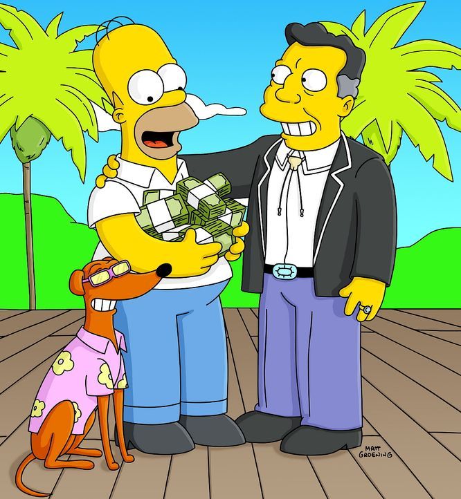 Homer Simpson (M.) winkt viel Geld und Ruhm, denn Knecht Ruprecht (l.) wird von H.K. Duff VII (r.) als neues Maskottchen der Duff-Brauerei auserwähl... - Bildquelle: TWENTIETH CENTURY FOX FILM CORPORATION