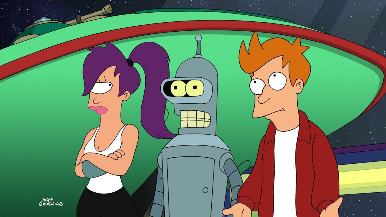 Nachdem Ausfall der dunklen Materie müssen sich Leela (l.), Bender (M.) und Fry (r.) eine Quelle für Treibstoff suchen ... - Bildquelle: 2008 Twentieth Century Fox Film Corporation. All rights reserved.