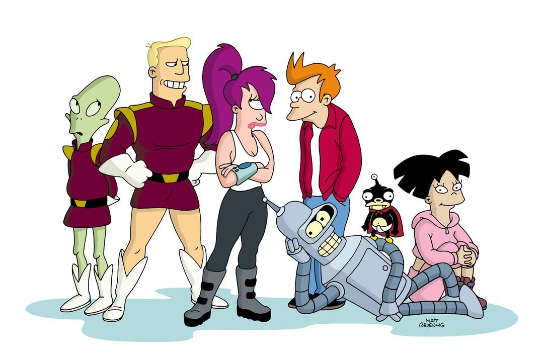 (7. Staffel) - Futurama - New York und die Welt im Jahr 3000: (v.l.n.r.) Kiff K., Zapp Brannigan, Leela, Fry, Bender, Nibbler und Amy ... - Bildquelle: 2003 Twentieth Century Fox Film Corporation. All rights reserved.