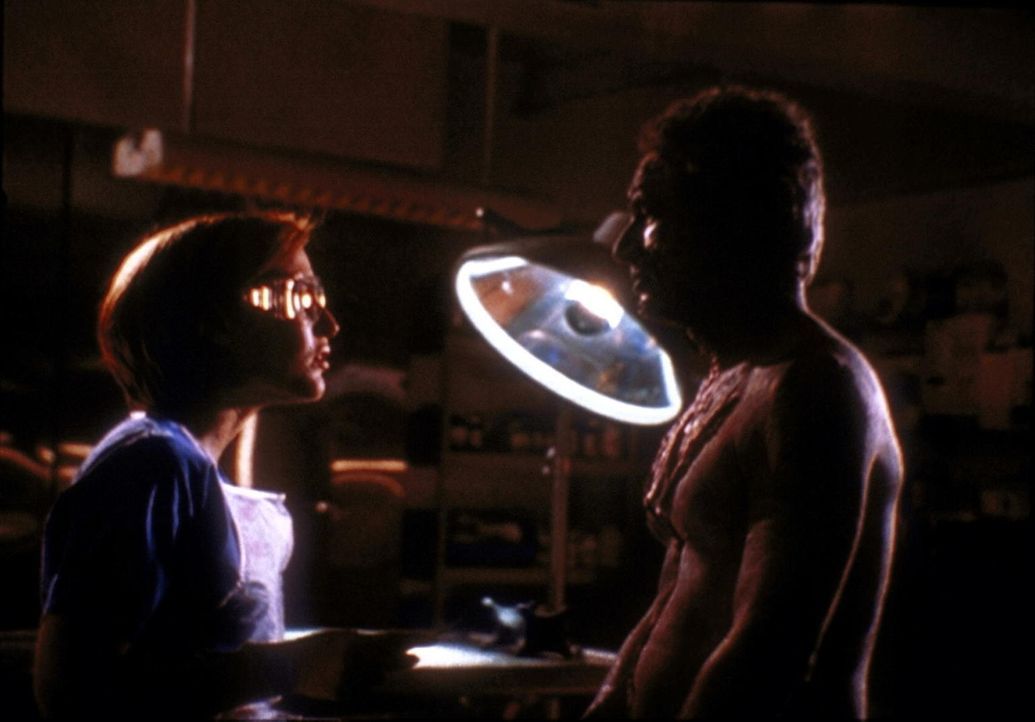 Völlig entsetzt steht Scully (Gillian Anderson, l.) Micah Hoffman (Paul Lieber, r.) gegenüber, den sie gerade obduzieren wollte ... - Bildquelle: TM +   2000 Twentieth Century Fox Film Corporation. All Rights Reserved.