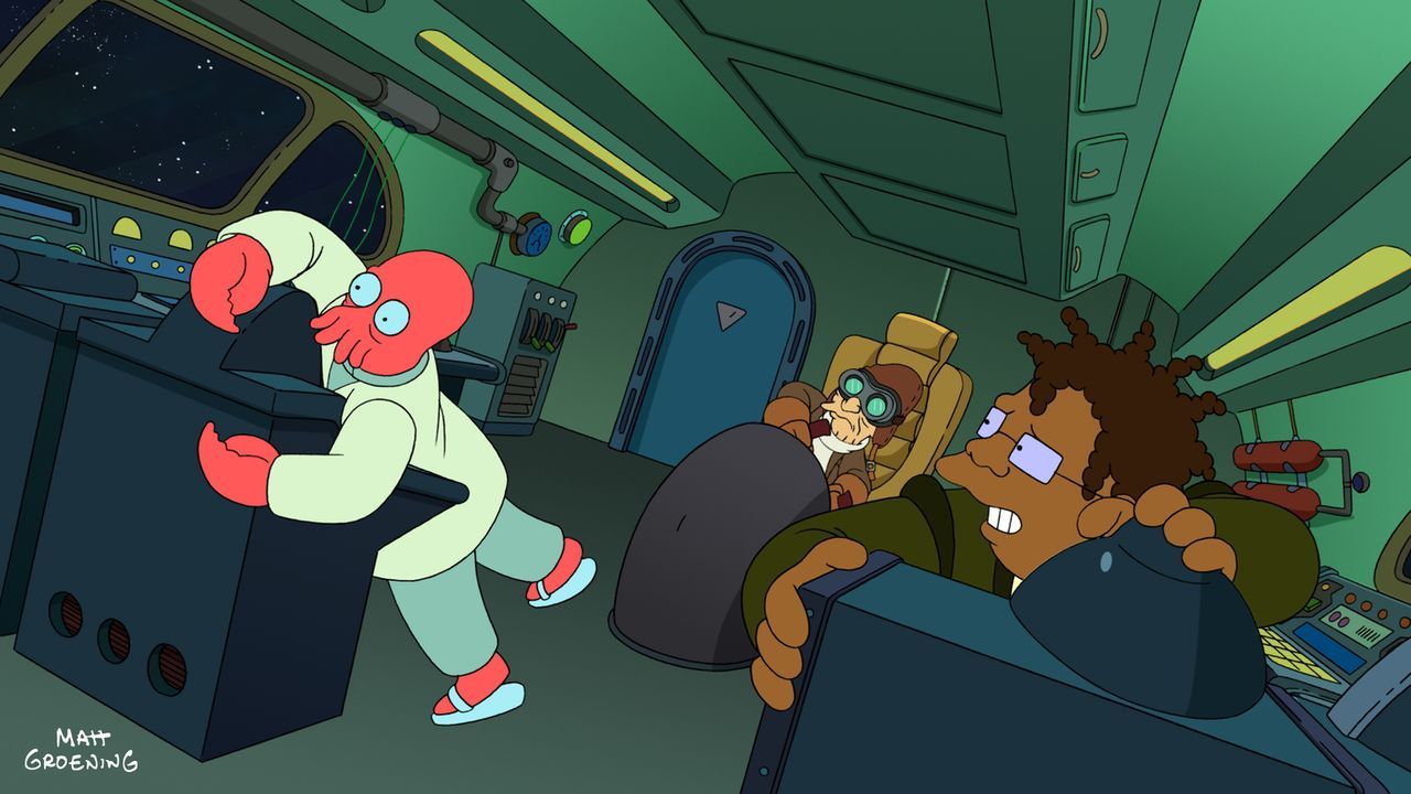 Während sie vom Mars fliehen, haben Zoidberg (l.), Professor Hubert (M.) und Hermes (r.) Probleme mit dem Minigolf-Platz im All ... - Bildquelle: 2009 Twentieth Century Fox Film Corporation. All rights reserved.
