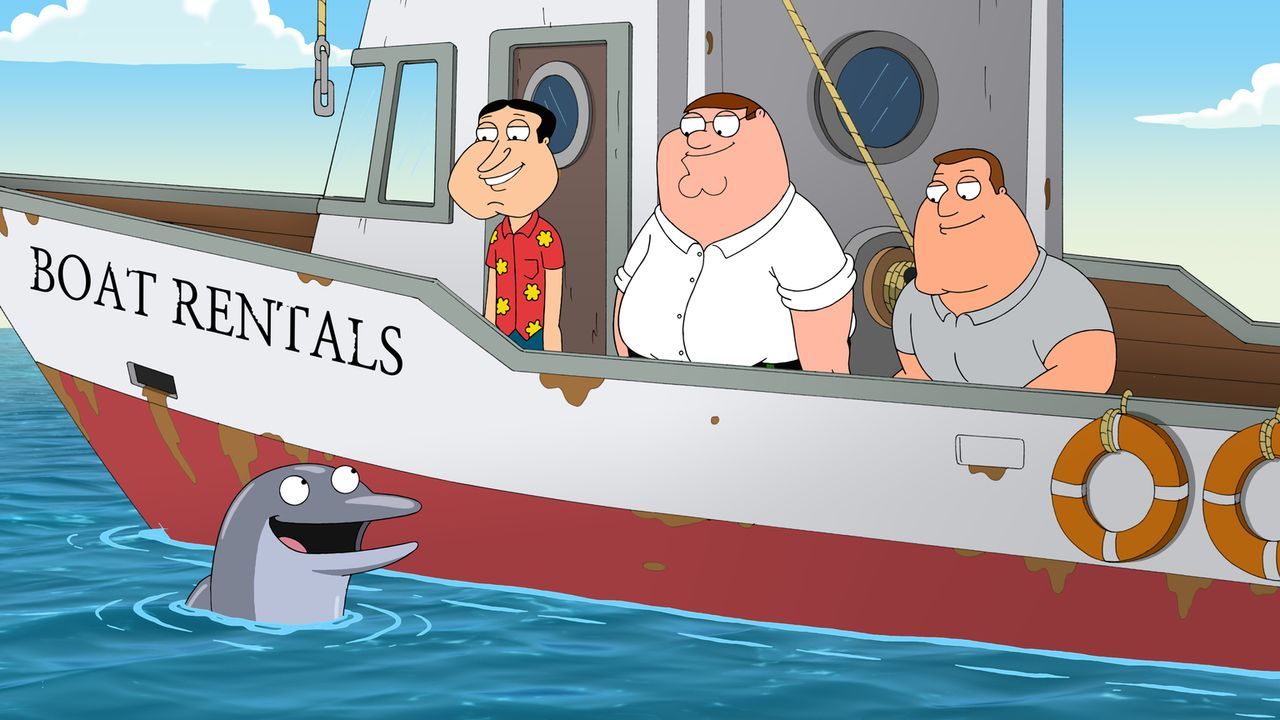 Als Quagmire (2.v.l.), Peter (2.v.r.) und Joe (r.) einen Mercedes vom Meeresgrund bergen wollen, kommt ihnen der Delfin Billy zu Hilfe ... - Bildquelle: 2011 Twentieth Century Fox Film Corporation. All rights reserved.