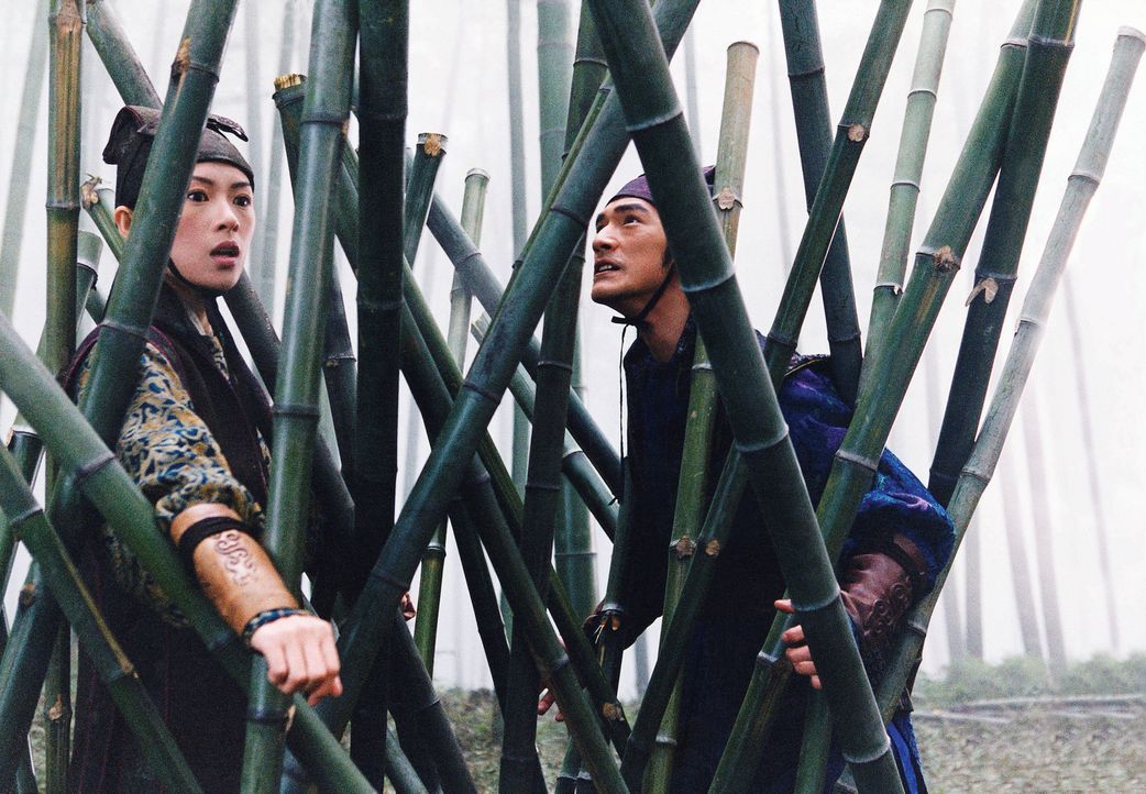 Ein Regen von Bambuslanzen geht auf das Paar nieder, bis Mei (Zhang Ziyi, l.) und Jin (Takeshi Kaneshiro, r.) in der Falle sitzen und weder vor- noc... - Bildquelle: Constantin Film
