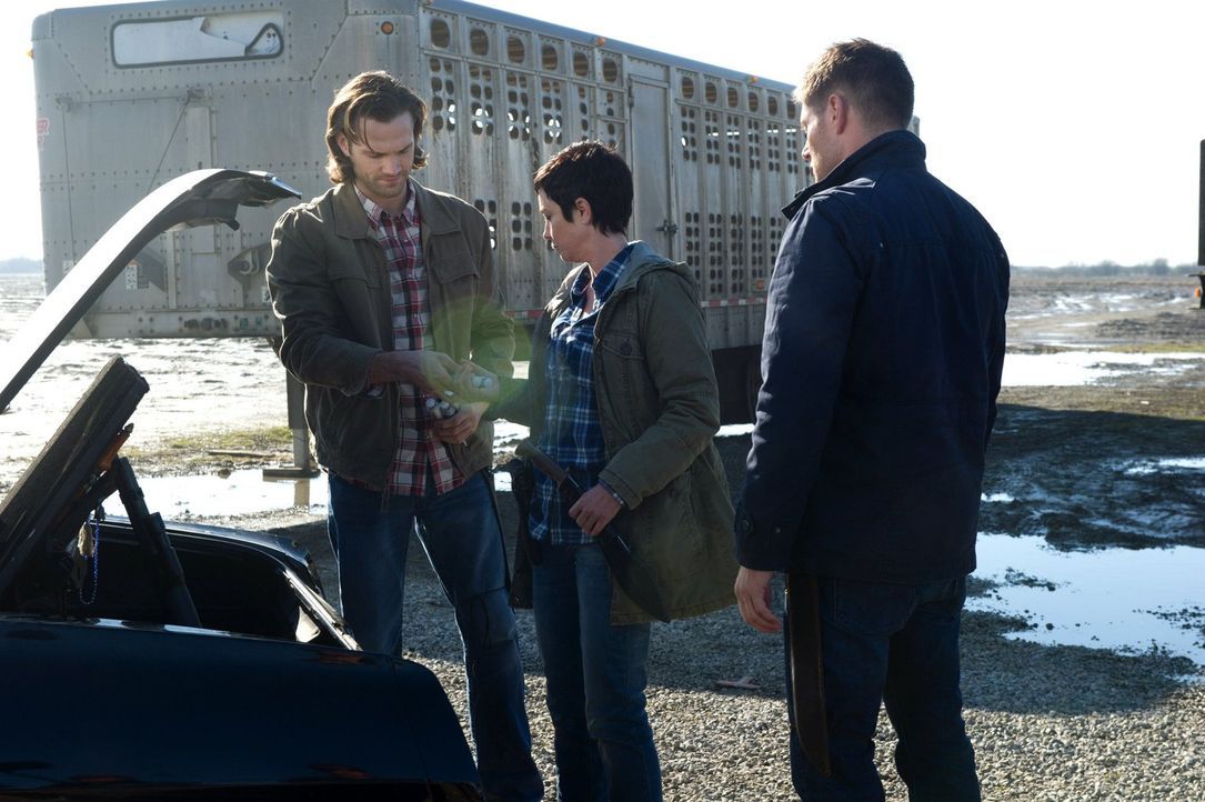 Erkennen Sam (Jared Padalecki, l.), Sheriff Mills (Kim Rhodes, M.) und Dean (Jensen Ackles, r.) zu spät, welche hinterlistige Vampirfamilie sie jage... - Bildquelle: 2013 Warner Brothers
