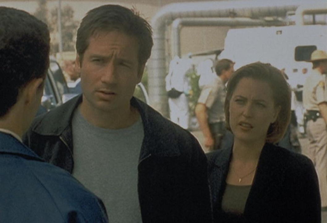 Mulder (David Duchovny, M.) und Scully (Gillian Anderson, r.) wird der Zutritt zu einem Atomkraftwerk verweigert. - Bildquelle: TM +   2000 Twentieth Century Fox Film Corporation. All Rights Reserved.